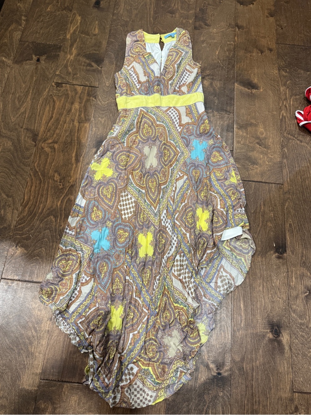 ANTONIO MELANI Yellow, Aqua & Brown Paisley Asymmetrical Dress